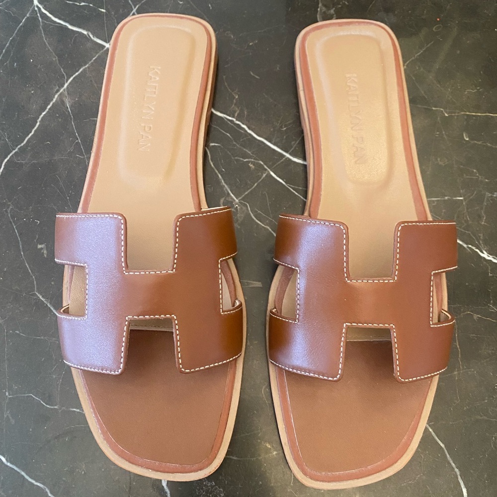 Kaitlyn Pan Genuine Leather H Sandals | Tan/Brown | Size 8 | Or@n-Style | NEW